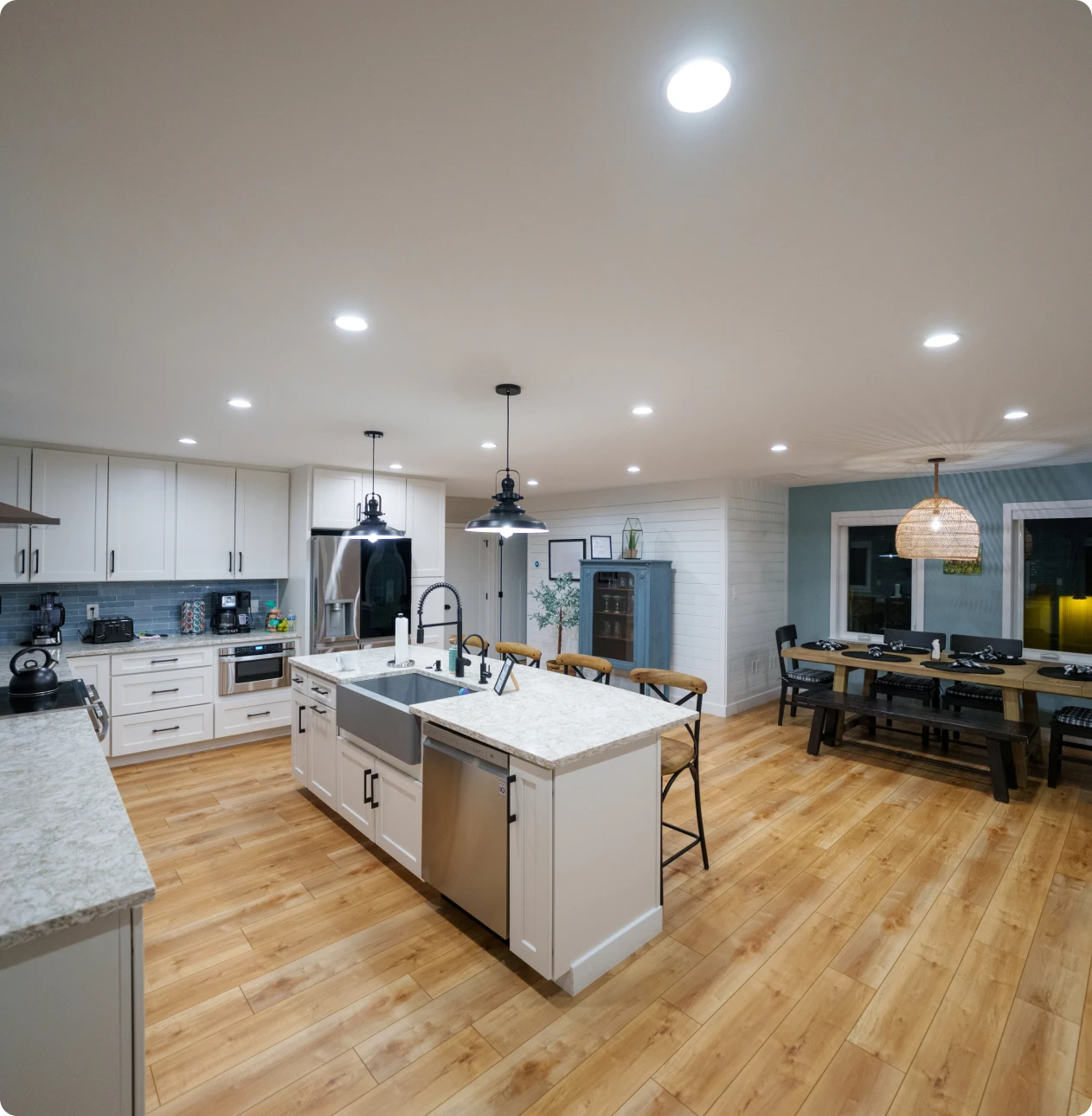 Modern kitchen with wooden flooring
