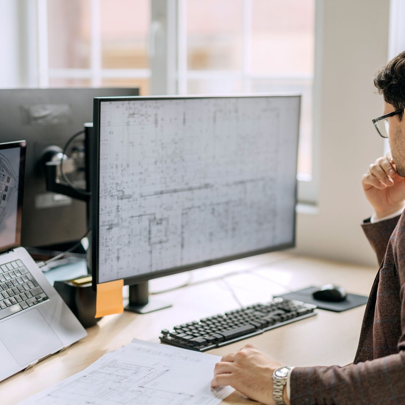 Architect analyzing blueprint on computer